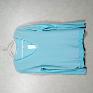 H174 Lola & Sophie mint green silk & knit ribbed long sleeve blouse L NWT